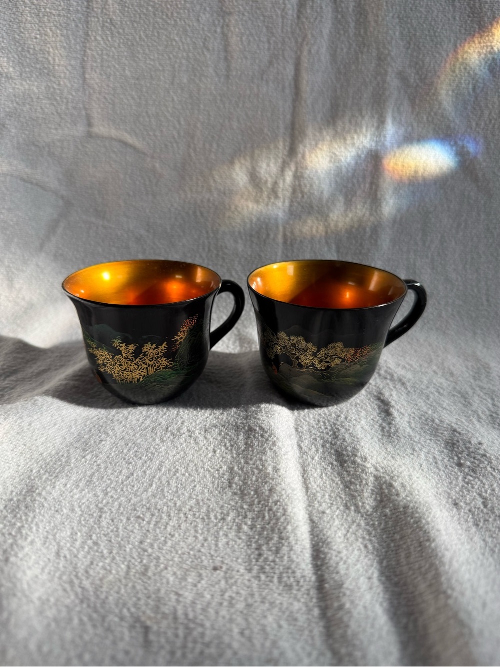 Vintage Japanese Black & Gold Lacquer Hand-Painted Set of 2 Cups